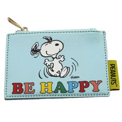 Peanuts Snoopy Be Happy Zip Purse. An adorable zip purse featuring one of our favourite Peanuts characters; Snoopy! Coming in pale blue PVC, it features an illustration of Snoopy dancing above the words 'Be Happy' in rainbow colours. On the back