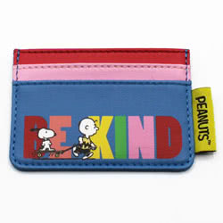 Peanuts Snoopy Be Kind Cardholder. This compact accessory features some of our favourite Peanuts characters. It features a Charlie Brown and Snoopy illustration over the words Be Kind in rainbow colours on blue PVC, with contrasting card slots.