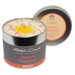 Potters Crouch Desert Flowers Scented Candle. These candles are made from the very best pharmaceutical grade wax (this is the purest wax that you can buy), it is then infused with pure essential oils making it one of the best quality candles currently ava