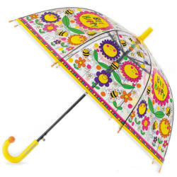 Rachel Ellen Bee Happy Umbrella. This design features vibrant bees and spring themed illustrations!  Made from durable transparent POE material and finished off with a bright plastic handle. For children aged 5 years or older.