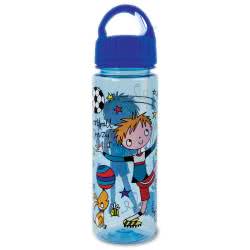 Rachel Ellen Football Crazy Water Bottle. This funky drinking bottle is not only brightly coloured and leak proof, it has an easy to use lid and features a trendy football design, with football crazy illustrations printed onto a clear blue 500ml bottle. B