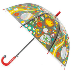 Rachel Ellen To The Moon Umbrella. Perfect for children aged 5 years or older. This design features vibrant, space & intergalactic themed illustrations! Made from durable transparent POE material and finished off with a bright plastic handle.