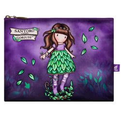 Gorjuss Ends Of The Earth Large Accessory Case by Santoro. This Accessory Case comes with  ample space for keeping things safe and tidy,  it has a decorative zip pull which reveals an inner purple and lavender striped lining. There is a green leafy  patte
