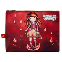 Gorjuss Fire In My Heart Large Accessory Case by Santoro. This Accessory Case comes with  ample space for keeping things safe and tidy, it has a decorative zip pull which reveals an inner red and orange striped lining. There is a red and orange flame patt