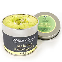Potters Crouch Malabar Lemongrass Scented Candle. These 
candles are made from the very best pharmaceutical grade wax, it is then infused with a 
strong fresh lemon scent plus herbaceous & grassy base notes.