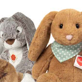 Teddy Hermann plush Bunnies, Rabbits and Hares including the ever popular 20cm soft toy bunnies in assorted colours, plus the lifelike rabbits range, all of which are made using only quality materials and recycled fillings.