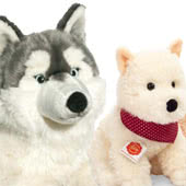 Teddy Hermann plush Dogs & Puppies, including Labradors, Cockapoos, Wirehaired Dachshunds and Jack Russell Terrier soft toys in sitting and standing styles, with recycled fillings and UK and International delivery..