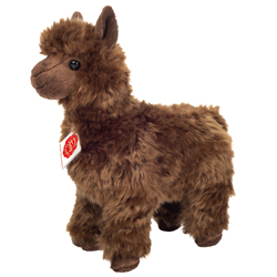 Teddy Hermann Alpaca 24cm Plush Toy coming in a shaggy, chocolate-brown, fur body with alert upright ears and glossy black safety eyes.