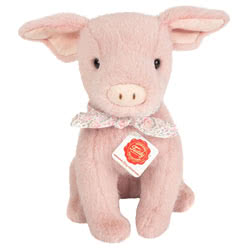 Teddy Hermann Audrey Pig soft toy 23cm, with soft pink fur, long horizontal ears, tied floral neckerchief. 