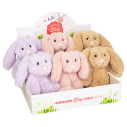 Introducing Teddy Hermann soft toy Bunnies in  20 cm sizes. There are three colour ways to choose from; beige, rose and lavender. They all come in super soft plush fur with long ears, button tails & cute pink button noses.