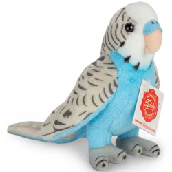 Teddy Hermann soft toy Blue Budgie 13cm. Coming in vibrant blue with contrasting dark grey feet, flecked wings and tail, very realistic.