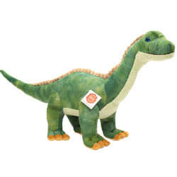 Introducing Teddy Hermann soft toy Brontosaurus Dinosaur in a 54 cm size. Coming in a mottled green body, pale green underside, orange toes and back frill. Filled with 100% recycled polyester.