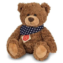 Introducing Teddy Hermann soft toy Brown Teddy Bear in a 30 cm size. Coming in a mid-brown, ruffled fur body with tan pads and matching muzzle, sporting a trendy star covered neckerchief.