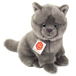 Introducing Teddy Hermann sitting Carthusian Cat soft toy  in a 20cm size. This one is really life-like, coming with a thick grey, super soft fur body and tail. It is perfectly proportioned and filled with 100% recycled polyester.