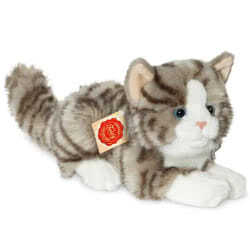 Teddy Hermann Grey Tabby Cat lying 20cm soft toy, featuring pale grey fur, dark grey stripes and a white tummy, paws and face, pink inner ears, gorgeous blue eyes and a pink button nose.