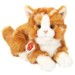 Teddy Hermann Ginger Tabby Cat lying soft toy 20cm. Featuring two-tone ginger and white speckled fur, white muzzle with matching paws, a delicate pink nose and little alert ears.