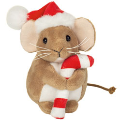 Teddy Hermann Christmas Mouse with Candy Cane plush soft toy coming in a beige-brown fur body, white tummy, pink inner ears, long tail, whiskers, wearing a Christmas red santa hat and holding a red and white striped candy cane.