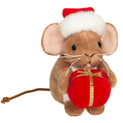 Teddy Hermann Christmas Mouse with Christmas Present 11cm plush soft toy with a beige-brown fur body, white tummy, pink inner ears, long tail, whiskers, wearing a Christmas red santa hat and holding a red Christmas gift.