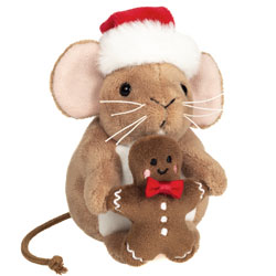 Teddy Hermann Christmas Mouse with Gingerbread Man plush soft toy, 11cm with a beige-brown fur body, white tummy, pink inner ears, long tail, whiskers, wearing a Christmas red santa hat and holding an adorable little gingerbread man with a red bow.
