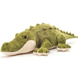 Introducing Teddy Hermann soft toy Crocodile 60cm featuring soft green fur, cream tummy & chin, protruding eyes, the classic ridged back and long tail.
