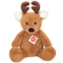 Teddy Hermann Maxi Deer soft toy in a 32 cm size. Coming with a super soft brown fur body, chocolate brown suede antlers, fluffy white inner ears and a black button nose.