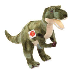 Teddy Hermann T-Rex Dinosaur  soft toy in a 55 cm size. Coming in a two-tone, green fur body with a cream tummy, soft white fabric teeth and fantastic T-Rex looks. Filled with 100% recycled polyester.