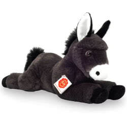 Teddy Hermann dark grey lying Donkey soft toy in a 34 cm  size. Coming with super soft dark grey fur, a soft white fluffy muzzle with matching inner ears, beautiful brown eyes, velvet hoofs, fluffy black mane & tail.