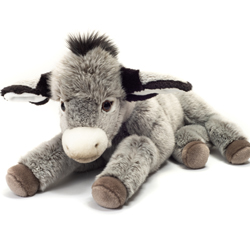 Teddy Hermann Donkey soft toy in a 50 cm size. Coming with super soft mottled grey and white fur, with soft white fluffy muzzle with matching inner ears, beautiful brown eyes, grey velvet hoofs, fluffy black mane and tail.