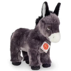 Teddy Hermann standing Donkey 25cm soft toy featuring grey fluffy fur, black suede hoofs, matching mane & tail, cream muzzle & brown eyes.