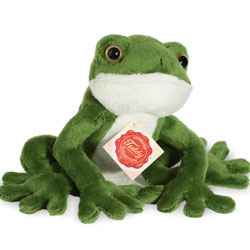 Teddy Hermann soft toy Frog 15cm feraturing a deep green fur body, white chin and tummy, splendid four toed feet and the classic frog eyes.