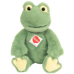 Teddy Hermann Frederik Frog soft toy in a 32 cm size. Coming with fluffy green fur, yellow soles, large protruding eyes and a cute, stitched smile.