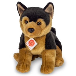 Teddy Hermann German Shepherd Puppy 30cm sitting plush toy coming in the classic black & tan fur body with pointed upright ears, long tail & glossy safety eyes.
