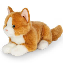 Teddy Hermann Ginger Cat lying soft toy in a 20 cm size. Coming in a rich ginger and white fur body with cute upright ears, delicate pink nose and stunning glossy eyes.