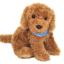Teddy Hermann  Goldendoodle soft toy dog sitting in a 30 cm size. Coming in a rich caramel brown, ruffled fur body with cute fluffy ears and tail, a black button nose and comes with the most adorable cute looks.