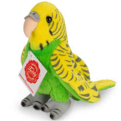 Introducing Teddy Hermanns Green Budgie soft toy bird in a 13cm size. Coming in a vibrant shade of green with contrasting grey claws and yellow fur, this cute budgie has the most adorable life-like looks. German design - eco-friendly.