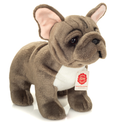 Teddy Hermann Grey French Bulldog 30cm Soft Toy coming in a mid-grey rigid fur body, a white chest and the characteristic bulldog ears lined with pink, it is perfectly proportioned, and comes with the most adorable cute looks.