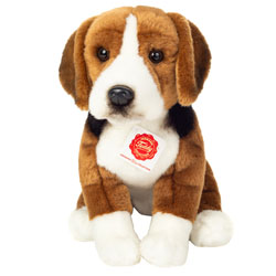 Teddy Hermann Hunting Dog 29cm plush soft toy, Beagle, comes with black, tan & white fur body, droopy ears, black button nose and long tail.