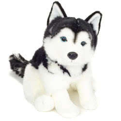 Teddy Hermann Husky soft toy 30cm. Coming in a sitting pose with a thick black & white coat, steely blue eyes, alert upright ears, a long bushy tail.