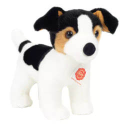 Teddy Hermann Jack Russell Terrier Puppy soft toy in a 28 cm size. This cute companion comes with Jack Russell character traits, fluffy white fur with black and brown markings, little ears and button nose.