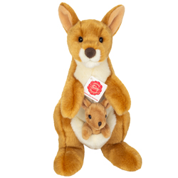 Teddy Hermann Kangaroo with Baby 30cm plush toy coming in a golden-brown fur body with a white tummy and pouch which contains a baby roo that is sewn in so that it can't get lost.
