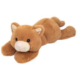 Teddy Hermann Kikki Cat soft toy in a 35 cm size. Coming in a lying pose with a soft rich caramel brown fur body, beige muzzle with matching inner ears, pink nose and stitched whiskers. There are also pink embroidered footprints on the back feet.