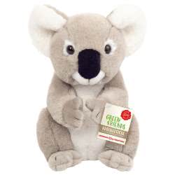 Teddy Hermann sitting Koala soft toy in a 21 cm size. This super cute koala is part of the series - Green Friends. Made from recycled materials and coming with soft pale grey and white soft fur, classic Koala black nose and fluffy ears.