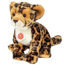Teddy Hermann Leopard sitting 27cm soft toy featuring a leopard print fur body with white freckled muzzle, glossyy eyes and button nose.