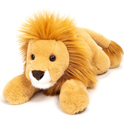 Teddy Hermann Lion Lying 45cm plush soft toy featuring a sandy-gold fur body and long flowing caramel mane.