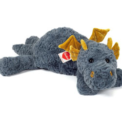 Teddy Hermann Lottie Dragon 48cm plush soft toy coming in a dusty-blue fur body with little gold wings, horns and nostrils, black safety eyes and a long tail.