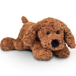 Teddy Hermann lying Brown Dog soft toy 28cm featuring a rich brown, ruffled fur body, floppy ears, short tail and black button nose.