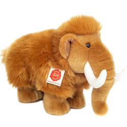 Teddy Hermann Mammoth soft toy 30cm coming in fluffy, ginger-brown fur with smooth ginger feet, trunk and face plus curved white tusks and glossy brown eyes.