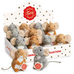 Teddy Hermann Mice soft toys in 11 cm sizes. Coming in two colours, brown and grey, these 11cm super cuties come with soft brown or grey fur with white tummies, pink inner ears, glossy black eyes and whiskers.