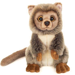 Teddy Hermann Mouse Lemur sitting soft toy in a 21 cm size. Coming with the classic Lemur large round eyes, longer hind legs, white tummy and the thick tail. The grey-brown coat of this unusual cuddly toy is incredibly soft.