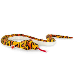 Teddy Hermann Orange & Yellow Snake soft toy in a 175 cm size. This fabulous snake comes with an eye catching orange and yellow camouflage pattern, a vibrant red felt tongue and raised eyes.